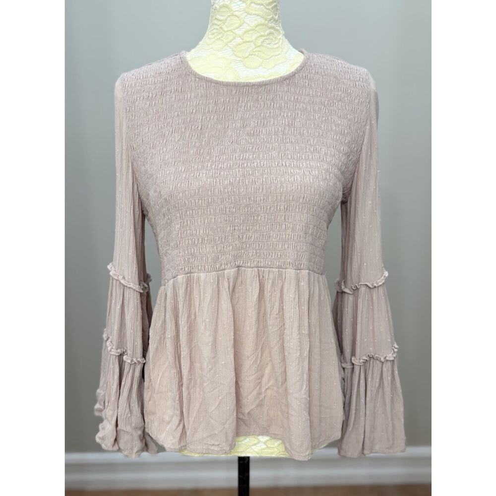 Y2K American Eagle Smocked Top Medium Babydoll Bell‎ Sleeve Fairy Peasant Pink